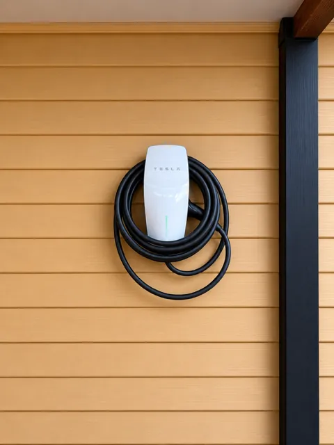 Tesla Wall Connector installed on timber cladding with the cable coiled on its hook